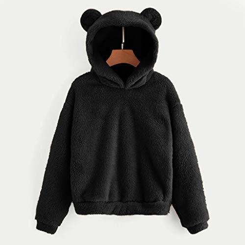 Aotifu Winter Fuzzy Teddy Bear Hoodie for Women,Bear Ear Hooded Fleece Hoodie Pullover Fluffy Cute Teen Girls Jumper School Casual Soft Chunky Tops Outwear Black, M