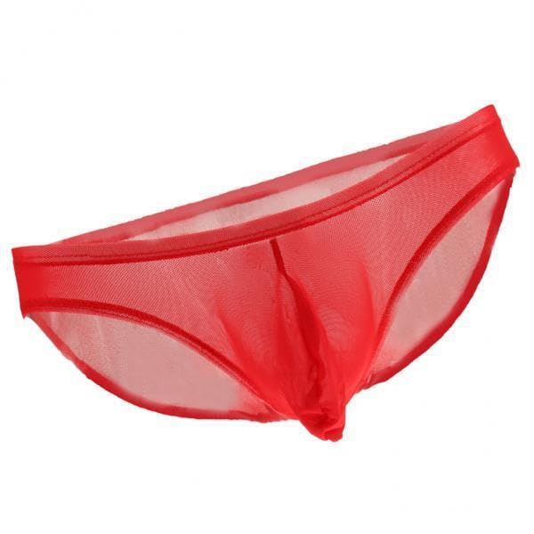 Men's Bulge Pouch Bikini Briefs | Breathable Mesh See Through T-Back Thong Underwear | Comfortable Nylon Spandex for Nightwear | Red (Pack of 2)