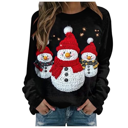 Sweatshirt de Noël noir femme XL col rond imprimé festif décontracté