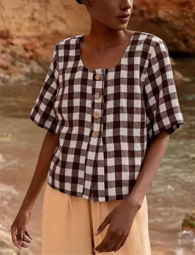 chouyatou Women's Gingham Button Down Shirt Cotton Shirt Plaid Blouses Short Sleeve Summer Tunic Tops4