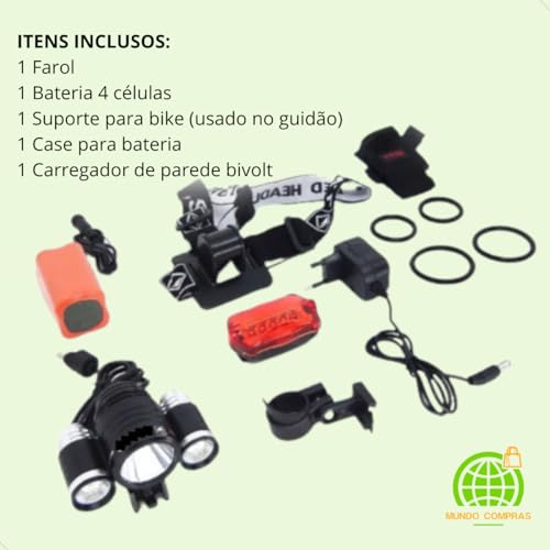 Farol Bike Led T6 3 Leds Bateria Externa Recarregável Redondo Mundo Compras