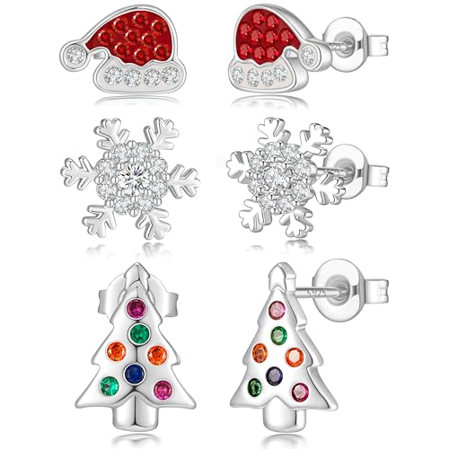 MACACHII 3 Pairs Christmas Earrings 925 Sterling Silver Xmas Stud Earrings Set for Women,Hypoallergenic Sparkly Snowflake Tree Santa Hat Earrings, Festive Holiday Jewellery Gifts for Girls