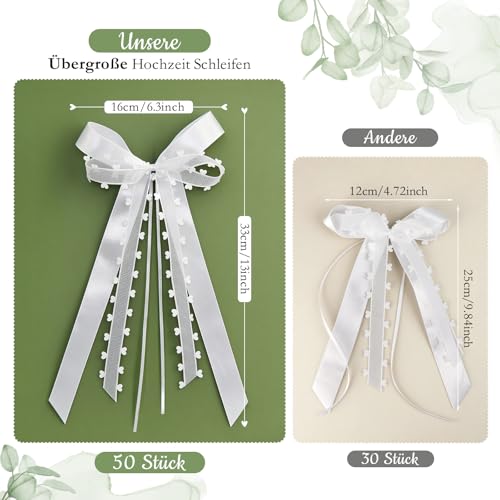Roplua 50 Stück Übergroße Autoschleifen Hochzeit Schleifen Hochzeit Deko Vintage Antennenschleifen, Weiß Mit Herzen Schleifen Hochzeit Auto Handgemacht Satinband für Hochzeits, (ca. 33 × 16 cm)