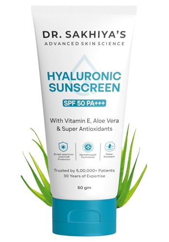 Image of DR. SAKHIYA'S 1% Hyaluronic Sunscreen Aqua Gel with SPF 50 PA++++ For Broad Spectrum, UV A, UV B & Blue Light Protection - 50g (Pack Of 1) / Non-Comedogenic /Non-greasy /Non-sticky
