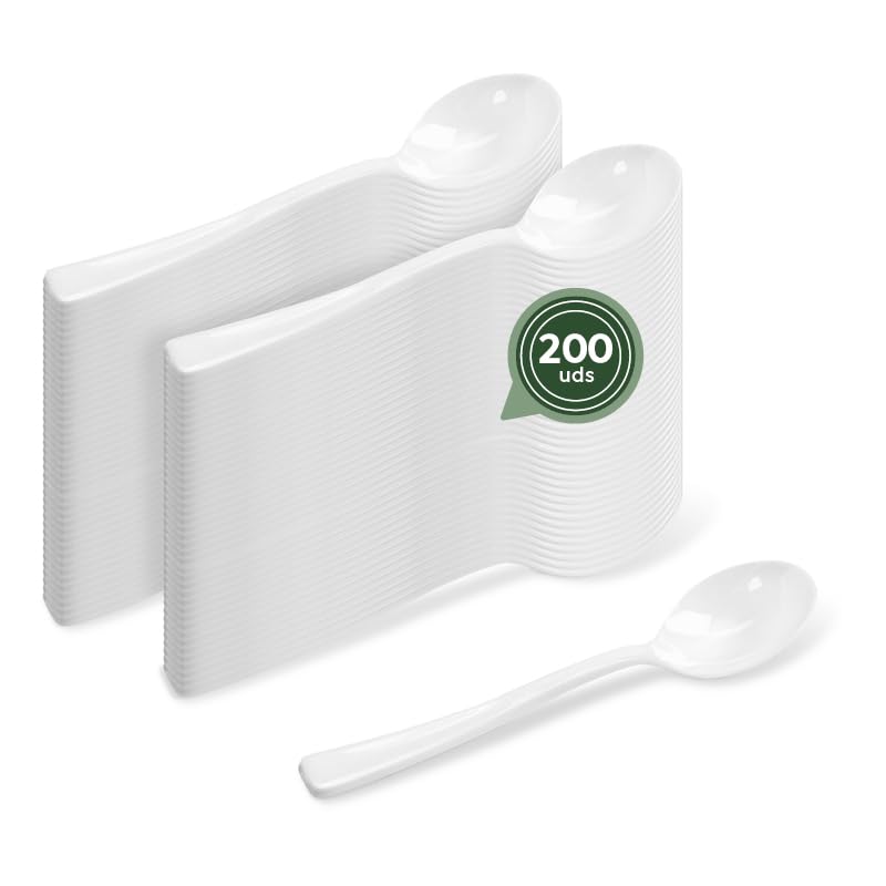 MAXI PRODUCTS - 200 Unidades - Cucharitas Postre Blanco Reutilizable - 12,5 cm - Cubiertos Resistentes - Tenedor Reutilizable - Cubiertos para Fiestas - RESISTENTES