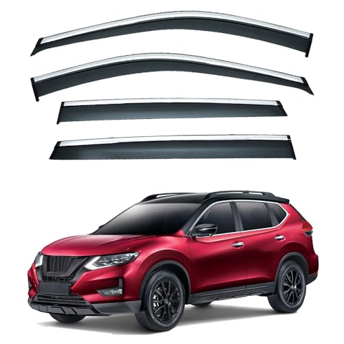 LQQDP 4pcs Smoke Tint with Chrome Trim Outside Mount Tape On/Clip On Style PVC Sun Rain Guard Vent Window Visors Compatible with for 14-20 X-Trail/Rogue