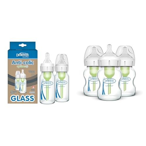 Image of Dr. Brown's Natural Flow Anti-Colic Options+ Narrow Glass Baby Bottle 4 oz/120 mL & Natural Flow Anti-Colic Options+ Wide-Neck Glass Baby Bottles 5 oz/150 mL