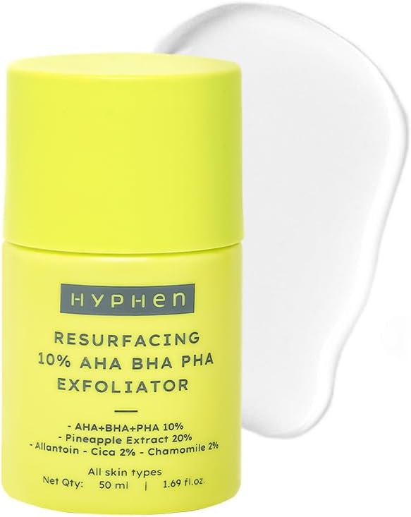 Hyphen Resurfacing 10% AHA BHA PHA Exfoliator | Instant Exfoliation with 20% Pineapple Extract | Leave-on Serum | Smoothens Texture, Unclogs Pores, Non-irritating | Facial Serum for Men & Women - 50ml