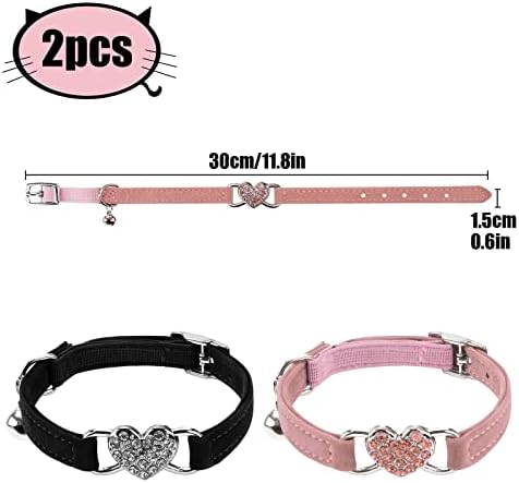 2 Pcs Kitten Collars with Bells,Safety Release Lovely Cat Collar,Safety Collar Adjustable Elastic Strap,Crystal Heart Pendant Cute Pet Supplies for Small Animal Indoor Outdoor 8-10 inch Black+Pink