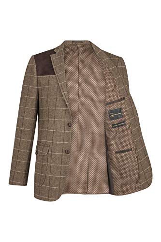 Mens Wool Tweed Shooting Jacket Check Hunting Herringbone Blazer Oak Elbow Patch - Brown 44 - Thumbnail 2