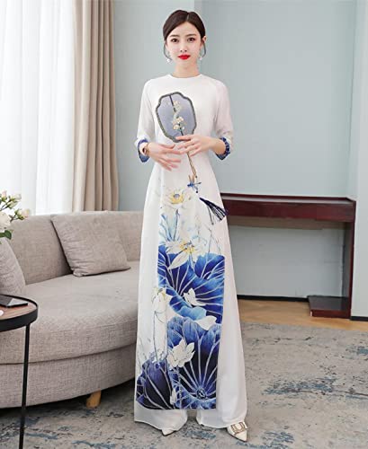 Chinese Style Two Piece Set Women Long Tops Pant Suits Pink White Slim Casual Vintage Harajuku Ao Dai Vietnam 2022 Printed (White,XL,Alpha)3