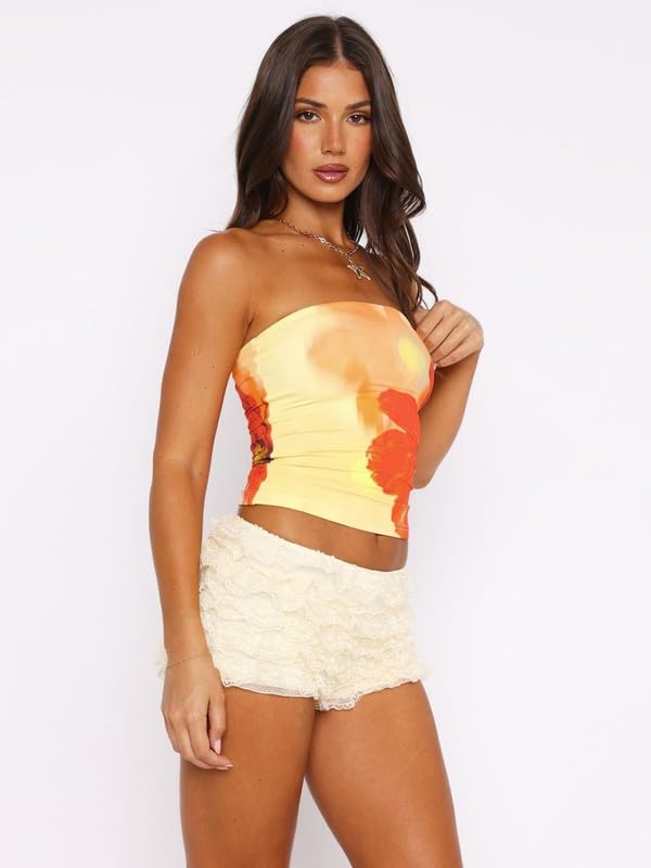 Tube Tops damski top na lato, bez rękawów, bez ramion, elegancki nadruk kwiatowy, bez ramiączek, seksowny, obcisły top Y2k Casual Stretchy Slim Fit, Bandeau Crop Top