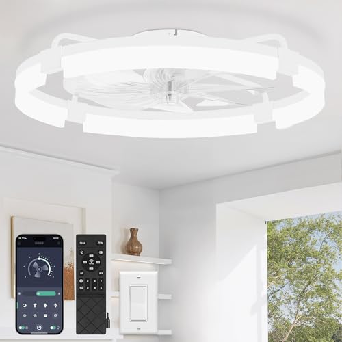 Image of LEDIARY 24 inch Ceiling Fans with Lights and Remote, Modern Low Profile Ceiling Fan, 3 CCT, Stepless Dimmable, Fandelier Flush Mount Fan Light, 6 Speeds, DC Motor, App & Remote Control for Bedroom(White)