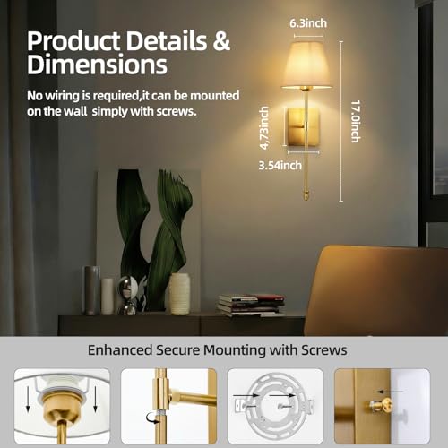 Image of Rechargeable Battery Operated Wall Sconces Set of 2, Gold Wireless Fabric Shade Wall Sconce with Remote Control, Dimmable RGB Color Changing Wall Lamp for Bedroom Living Room Hallway, 20.47 inch Tall