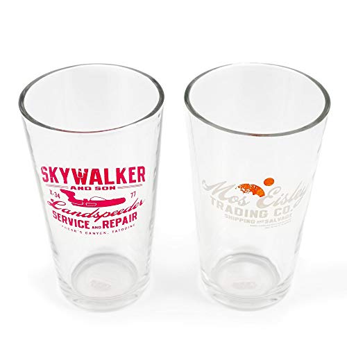 Star Wars 16 oz Pint Glass 2-Piece Set - Includes Mos Eisley Co. And Skywalker & Sons Collectible Designs - Clear, All-Purpose Tumblers - Classic, Pub-Style Drinking Glasses
