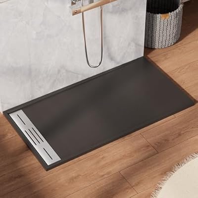 Findepot 60" x 32"x 1.3" Zero Threshold SMC Shower Pan for Wheel Chair Access, Rectangle Non-Slip Shower Base with SMC or Stainless Steel End Drain Cover and 3-Sided Aluminum Waterproof Strip, ?Black