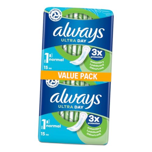 Always Ultra Day Sanitary Pads Size 1 Normal - 30 Pads (2 Packs of 15) Big Pack for Reliable Daytime Protection and Comfort