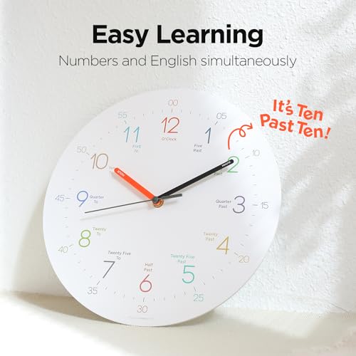 Image of mooas Easy Learning Flatwood Wall Clock,12 inch Wood Clock | Non-Ticking Sweep Movement Decorative Clock Battery Operated Wall Clock for Home Living Room Bedroom School