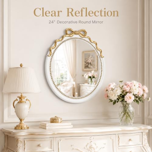 Image of LIN KANG 24 Inch Gold and White Bow Mirrors, Round Decorative Wall Mounted Mirror，Suitable for Entryway, Bedroom, Hallway, Living Room Decoration, Nursery, Girls Room