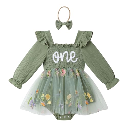 Image of DLLYING Baby Girl First Birthday Outfit Long Sleeve Smocked Fairy Berry One Romper Tulle Dress + Headband