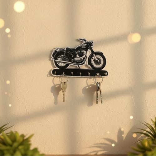 Image of Bike Key Holder for Wall - Royal Enfield Style Wooden Motorbike Key Hanger with 7 Metal Hooks - Wall Mounted Key Stand & Entryway Organizer for Home Decor, Biker Gift