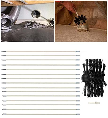 Chimney Sweep Kit, Duct Vent Cleaning Tool , Chimney Cleaning Brush Kit, With 12 Flexible Rods, 1 Brush Heads, 1 Drill Connector, Cleaning Brush For Chimneys, Dryer Vents(15 Rods,610mm)