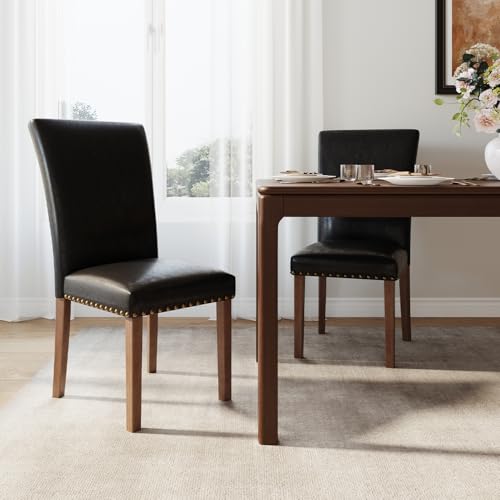 Image of Farmhouse Dining Chairs Set of 2, High Back with Wooden Legs and Nailhead Trim, Modern Fabric Dining Room Chair for Kitchen /Restaurant