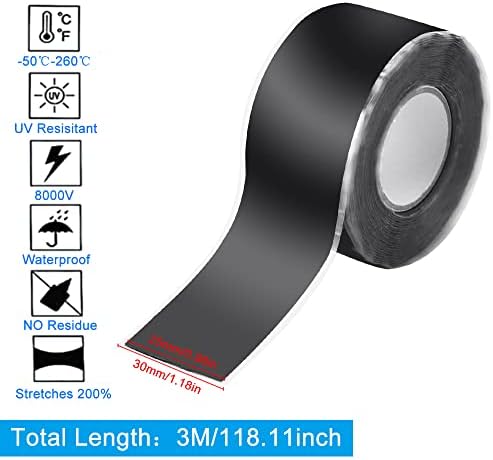 WUHEECOME 2 Rolls Self Fusing Silicone Tape Waterproof Repair Sealing Tape Black Leak Repair Tape Self Amalgamating Rubber Tape for Pipe Water Hose Leakage Sealing Repairing (25mm x 0.5mm x 3m)