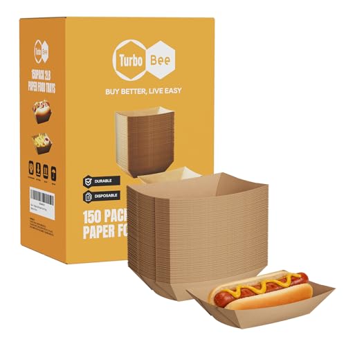 Disposable Paper Food Trays 2lb 150 Pack Brown Paper Boats - Heavy Duty Holders for French Fries Nachos Hot Dogs Tacos Popcorn - Grease Resistant Snack Boats for Food Trucks Parties Delivery