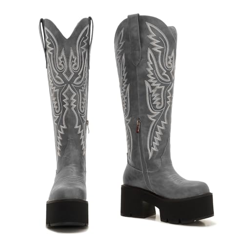 Image of Uillnoodu Wide Calf Cowboy Boots Women Adjustable Lace Up Knee High Tall Plus Size Cowgirl Boots Western Style Comfortable 2-Inch Heel
