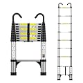 Dajianglx 8.5FT Telescoping Aluminum Extension Ladder With Hooks & 2 Triangle Stabilizers - 330lbs Capacity, Non-Slip Feet, Collapsible for Home, Outdoor Work - Silvery