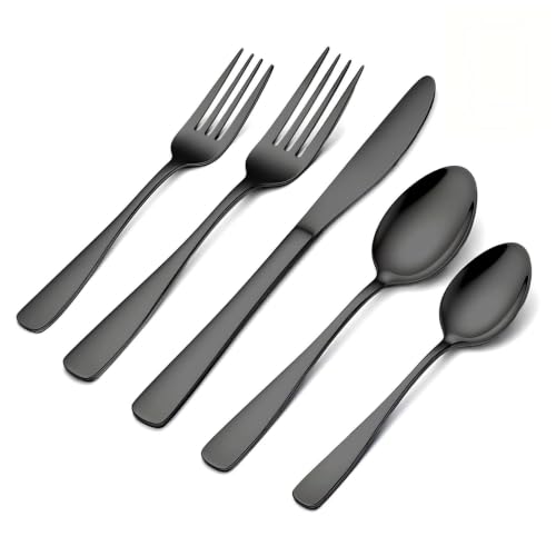 BEWOS 20 Piece silverware set - Service for 4, Black Stainless Steel Silverware Set with Mirror Polishing, Including Knives, Forks and Spoons, Dishwasher Safe, Flatware Set Suitable for Home Kitchens