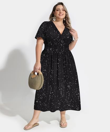Image of CARCOS Plus Size Dresses for Curvy Women V Neck Summer Maxi Dress Short Sleeve Floral Boho Dress Smocked Waist Beach Dress