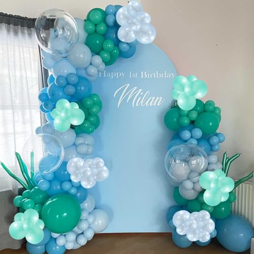 Image of Teal Blue White Balloons 12Inch Under The Sea Balloon Ocean Balloons Turquoise Pearl Metallic Blue and White Latex Balloon for Boys Men Birthday Baby Shower Pool Beach Party Decorations