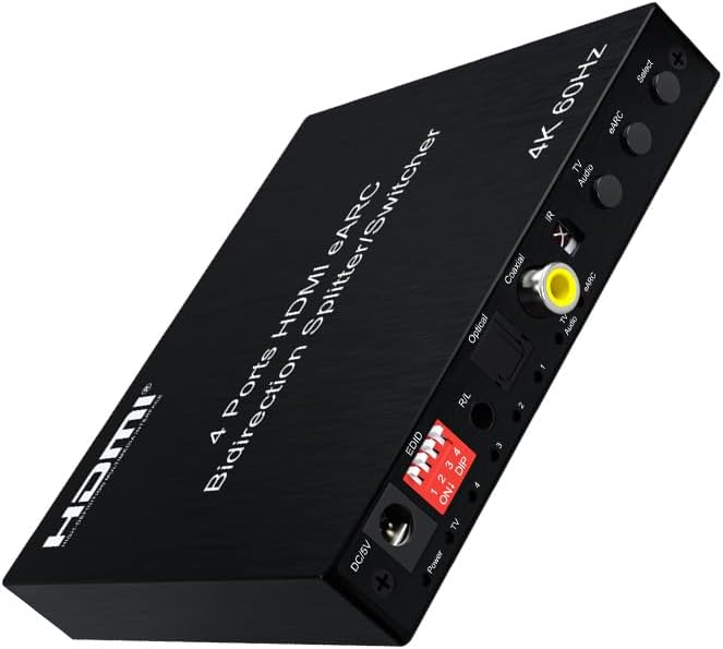 4K@60Hz HDMI eARC Splitter Switcher 4x1 Bidirectional - 1x4 eARC Audio Splitter/Switcher, HDCP2.2 HDR10, 4-Port HDMI Switch for Soundbar/Amplifier/Blu-ray, Fiber/Coaxial Output