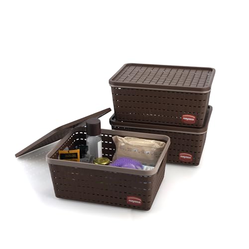Nayasa Gloria Basket for Storage | Vegetable & Fruit Basket | Storage Box and Organiser Plastic Basket With Lid | Multipurpose Kitchen Organizer Rack | Big - Set of 3 | DarkBrown
