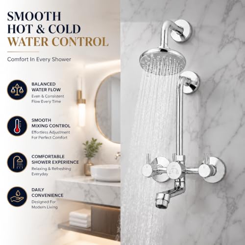Image of iRiS Full Brass Wall Mixer Tap with Overhead Shower System Set | 100% Brass Bathroom Faucet with 125mm Long Bend Pipe | Chrome Finish Wall-Mounted Hot & Cold Water Mixer