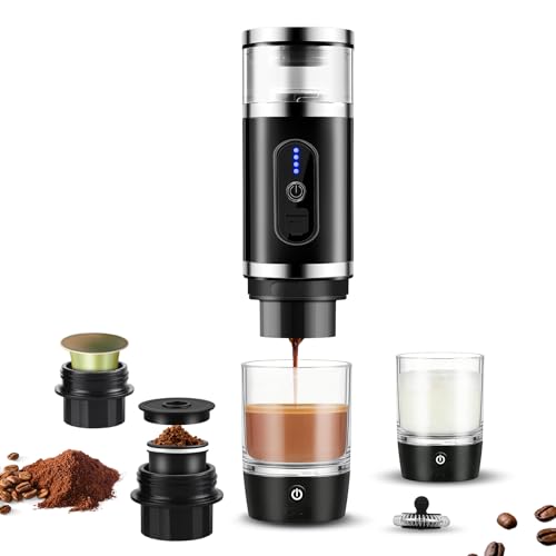 Cafetera portátil 3 en 1: disfruta de espresso, capuchino y macchiato con solo pulsar un botón, ya sea con polvo o cápsulas. Con batería integrada y función de autocalentamiento