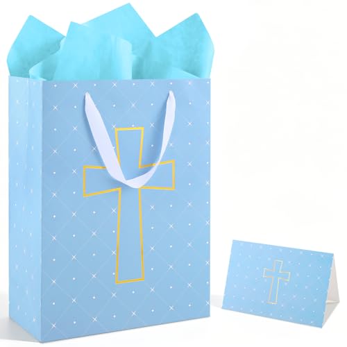 woric Large Baptism Gift Bag with Handle Blue Gift Bag with Cross Design