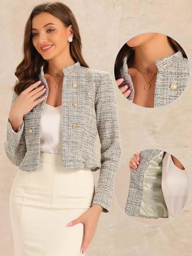 Allegra K Vintage Tweed Jackets for Women's Stand Collar Business Open Front Cropped Blazer Jacket2