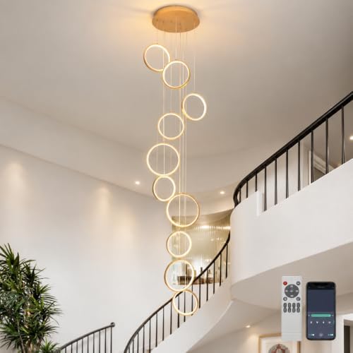 Ganeed High Ceiling LED Chandelier, Gold Dimmable 100W, 340cm, 10-Ring