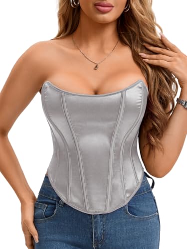 Kaei&Shi Sexy Overbust Strapless Corset Top 16 Boned Shapewear Satin Bustier 00-16 Lace Up For Women Silver Small