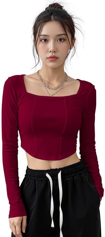 Women's Long Sleeve Slim Fit Crop Top/T-Shirt Square Neck Casual (Top-Avatar-1)
