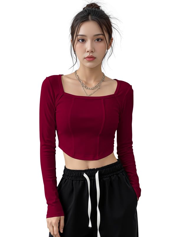 Dream Beauty Fashion Women’s Long Sleeve Slim Fit Crop Top/T-Shirt Square Neck Casual (Top-Avatar-1)