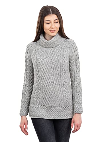 Saol Ladies Turtleneck Ribbed Irish Cable Knit Sweater (Grey, Small) #TOP1