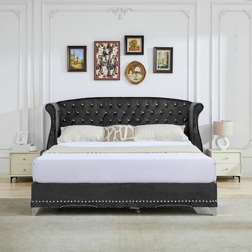 GDFStudio Queen Size Velvet Upholstered Platform Bed Frame with Curved Wingback Headboard,Faux Leather Tufted & Nailhead Trim,No Box Spring Needed,Easy Assembly,Modern Style,Black
