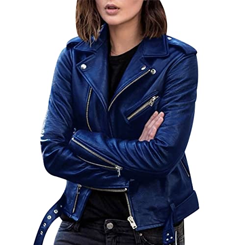 Veste Simili Cuir Femme Courte - Blouson Motard Col Montant PU Grande Taille - Faux Leather Jacket Biker Cintrée Imitation Cuir Oversize - Bleu XL