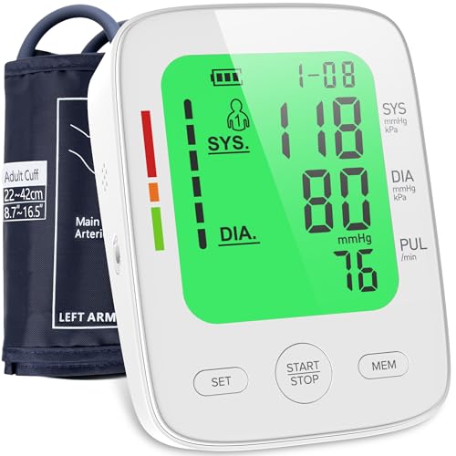 Tensiómetros de brazo eléctricos con gran pantalla LCD tricolor, clínicamente validado, brazalete ajustable tamaño 22-42cm, Detector defrecuencia cardiaca, detección de arritmias, 2 x 99 Memorias