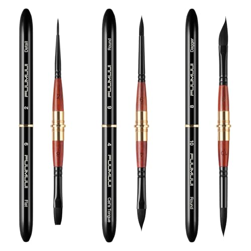 Dual Tip Travel Watercolor Brushes, Fuumuui 3pcs Synthetic Squirrel Hair Set of 6 Versatile Tips