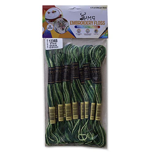 Image of Pack of 12 Premium Embroidery Thread | 100% Egyptian Cotton Premium Skeins | Cross Stitch Embroidery Floss | Oeko TEX Certified Stranded Cotton | (Green Variegated 1236)
